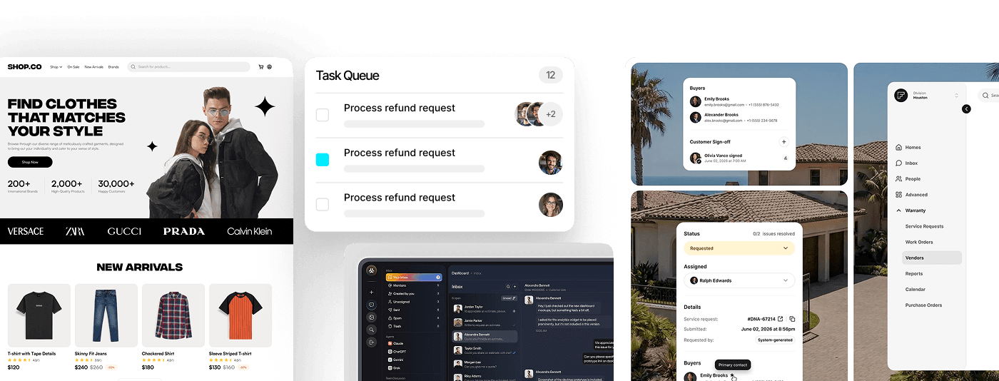 Back-office operations tools: an online store, a task queue, a support inbox and a warranty request dashboard