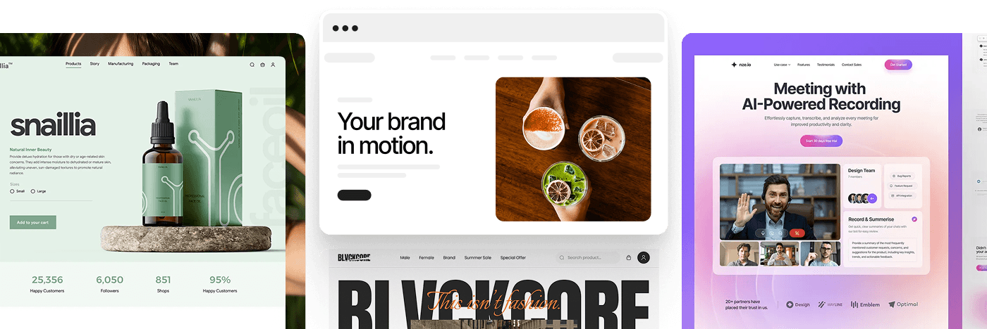 Website development examples: a skincare storefront, a brand landing page and an AI meeting tool homepage